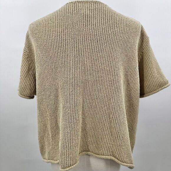 J Jill Pullover Silk Blend Sweater LARGE Petite Ribbed Gold V Neck Short Sleeve - Picture 2 of 6